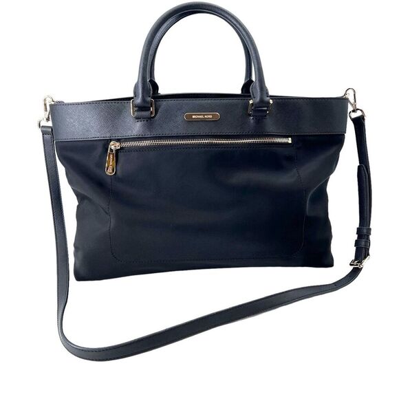 Michael Kors Black Leather & Nylon 2-Way Colgate Large Tote Handbag Purse - Picture 1 of 16